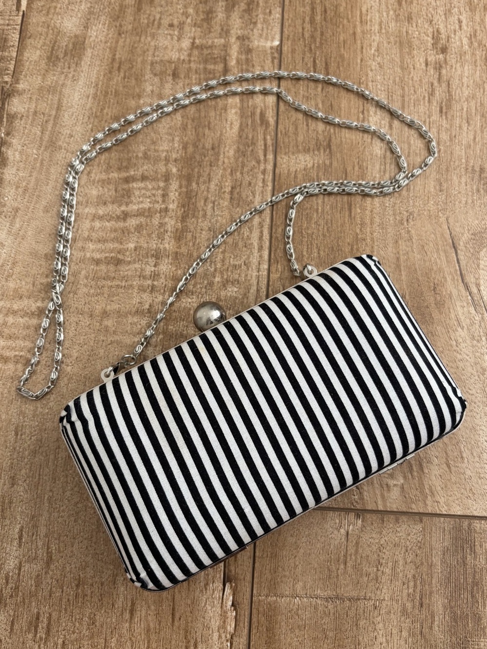 Black & White Striped Clutch with Silver Chain Strap